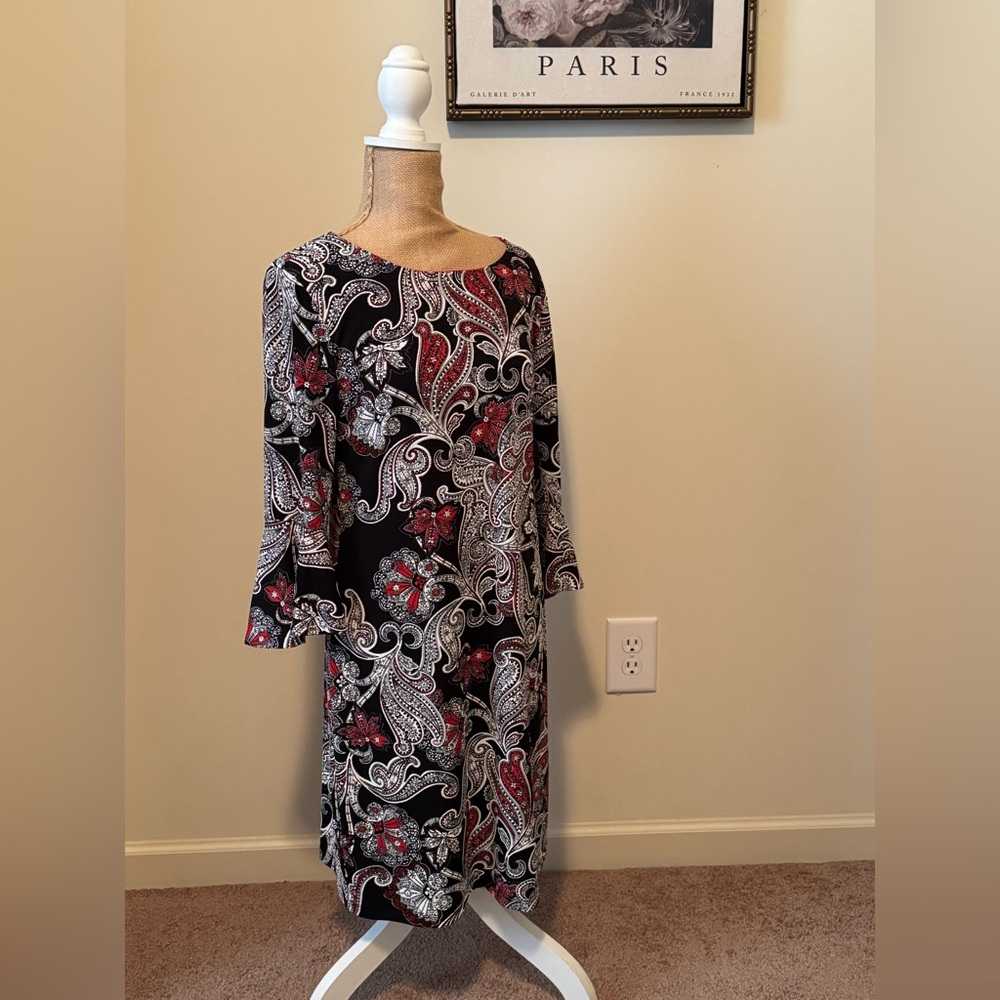 Liz Claiborne Black and Red Paisley Long Sleeve Dress, 6 NEW!